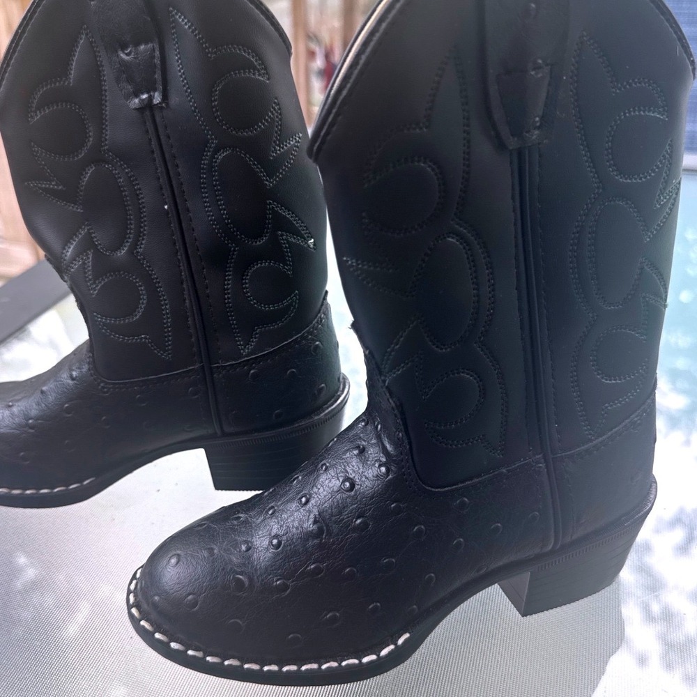 Old West Cowboy Boots Kids 9.5 Black Ostrich Print Western OR9110